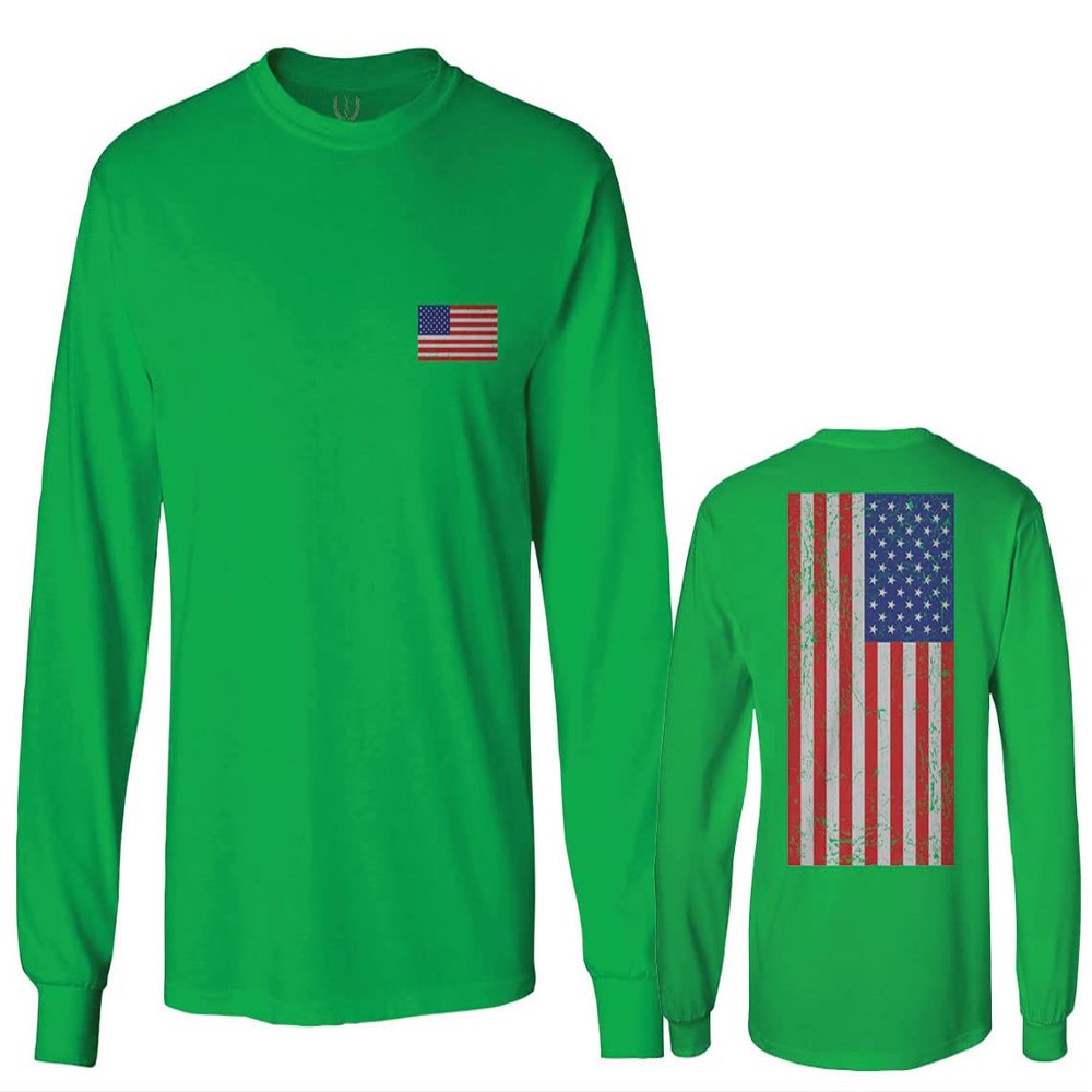 0072. Vintage American Flag United States Graphic USA 4th of July Memorial Military Patriotic Style Men's Long Sleeve t Shirt (Irish Green 2X Large)