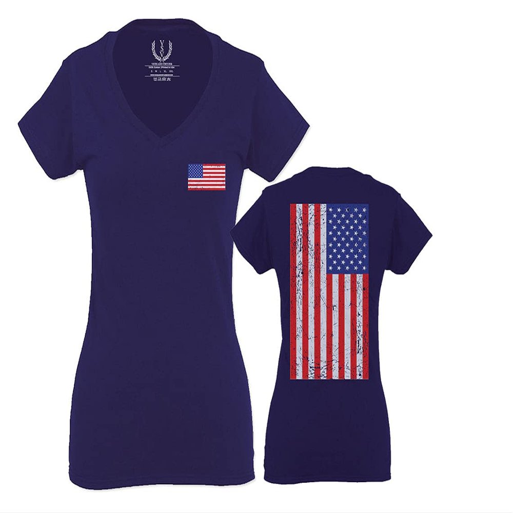 0072. Vintage American Flag United States Graphic USA 4th of July Memorial Military Patriotic Style for Women V Neck Fitted T Shirt (Navy Blue, X Small)