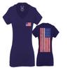 0072. Vintage American Flag United States Graphic USA 4th of July Memorial Military Patriotic Style for Women V Neck Fitted T Shirt (Navy Blue, X Small) view 1