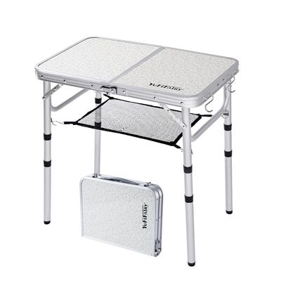 YUFIFAIRY Small Folding Camping Table, 2ft Portable Table with 3 Adjustable Heights, Aluminum Lightweight Foldable Picnic Table with Mesh Layer and Extension Legs for RV, BBQ and Indoor (Silver)