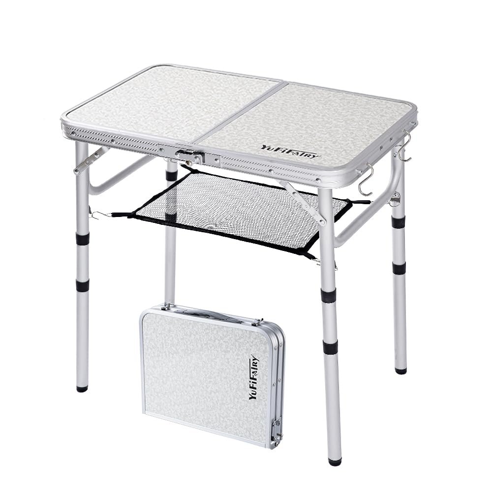 YUFIFAIRY Small Folding Camping Table, 2ft Portable Table with 3 Adjustable Heights, Aluminum Lightweight Foldable Picnic Table with Mesh Layer and Extension Legs for RV, BBQ and Indoor (Silver)