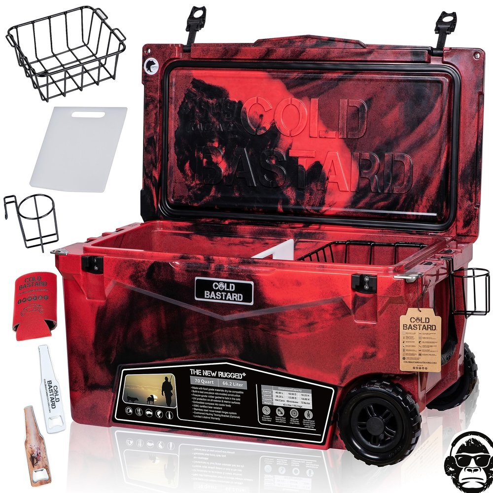 COLD BASTARD COOLERS 70QTW Rugged+ CAMO Red Large Wheels The Best Premium Ice Chest Cooler Accessories Free S&H (CB70W-CR)