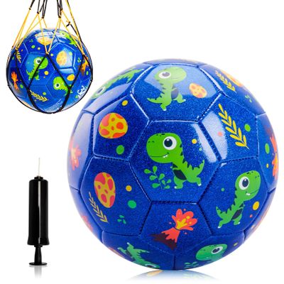 U&C Planet Toddler Soccer Ball Size 2 with Pump Deflated, Blue Dinosaur Cartoon Ball for Kids Boy Girl 2 3 4 5 Years Old Indoor Outdoor Soccer Game