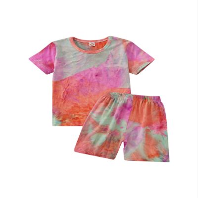 2Pcs Little Boys Girls Tie Dye Outfits Short Sleeve T-Shirt Top+Short Pants Casual Summer Shorts Set (Pink Grey, 120)