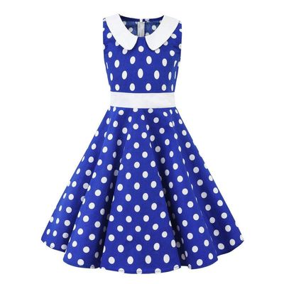 Girls Vintage Polka Dot Print Dress Kids 50s Retro Rockabilly Audrey Hupburn Dress Toddler Princess Sleeveless Summer Casual Wedding Birthday Party Skater A-line Swing Dresses Royal Blue 4-5 Years