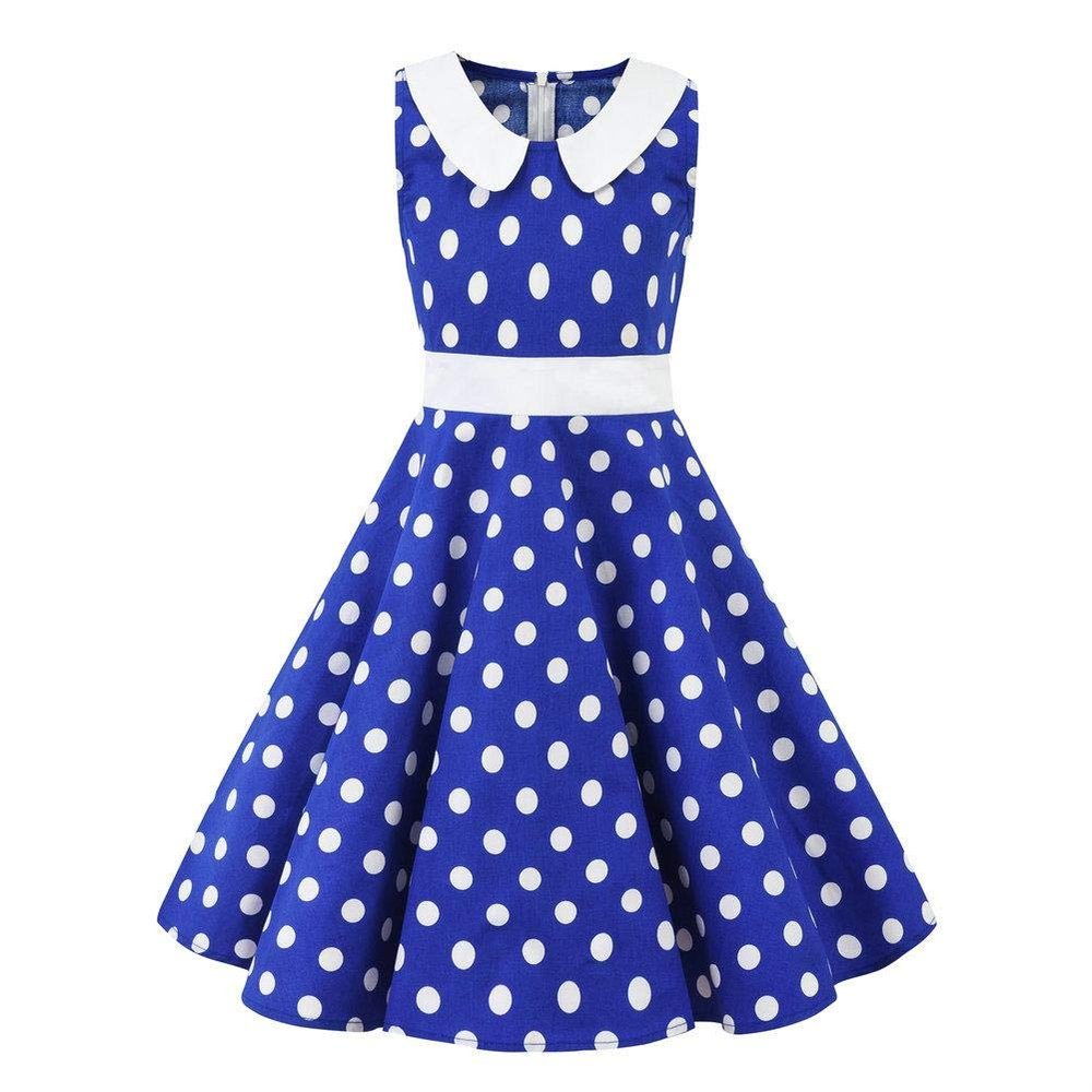 Girls Vintage Polka Dot Print Dress Kids 50s Retro Rockabilly Audrey Hupburn Dress Toddler Princess Sleeveless Summer Casual Wedding Birthday Party Skater A-line Swing Dresses Royal Blue 4-5 Years