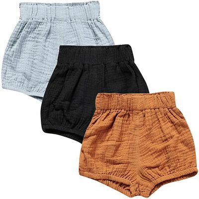 EISHOW Baby Girls Boys 3 Pack Shorts Outfit, 0-5Y Toddler Cotton Linen Ruffle Bloomers Cute Soft PP Shorts Harem Pants