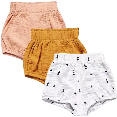 EISHOW Baby Girls Boys 3 Pack Shorts Outfit, 0-5Y Toddler Cotton Linen Ruffle Bloomers Cute Soft PP Shorts Harem Pants