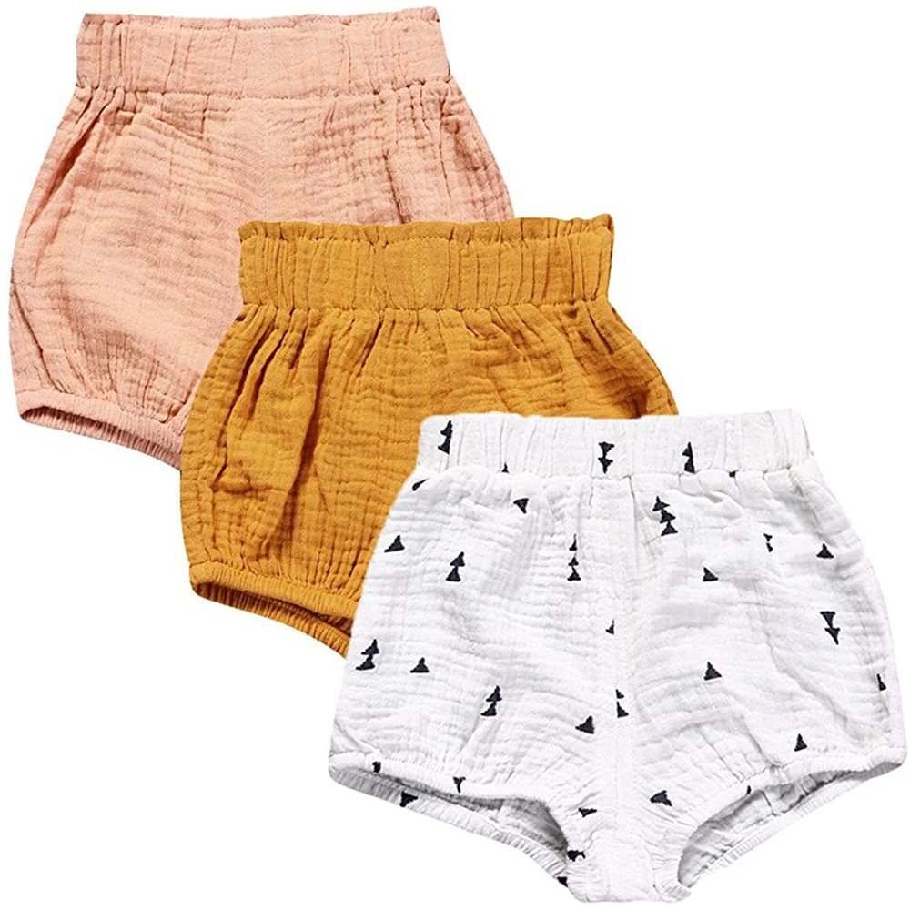EISHOW Baby Girls Boys 3 Pack Shorts Outfit, 0-5Y Toddler Cotton Linen Ruffle Bloomers Cute Soft PP Shorts Harem Pants