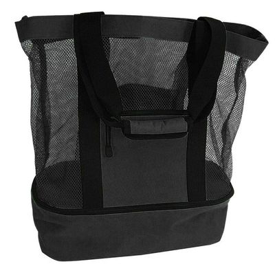 Mhuan Mesh Beach Tote Bag with Detachable Insulated Beach Cooler Compartment Waterproof Sandproof Picnic Pool Bag, Black, Large