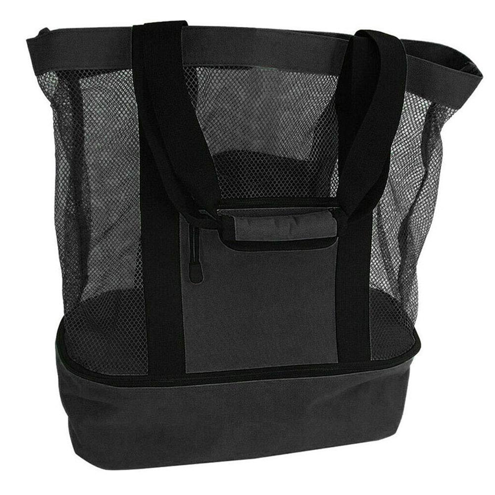 Mhuan Mesh Beach Tote Bag with Detachable Insulated Beach Cooler Compartment Waterproof Sandproof Picnic Pool Bag, Black, Large