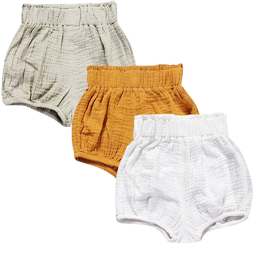 EISHOW Baby Girls Boys 3 Pack Shorts Outfit, 0-5Y Toddler Cotton Linen Ruffle Bloomers Cute Soft PP Shorts Harem Pants