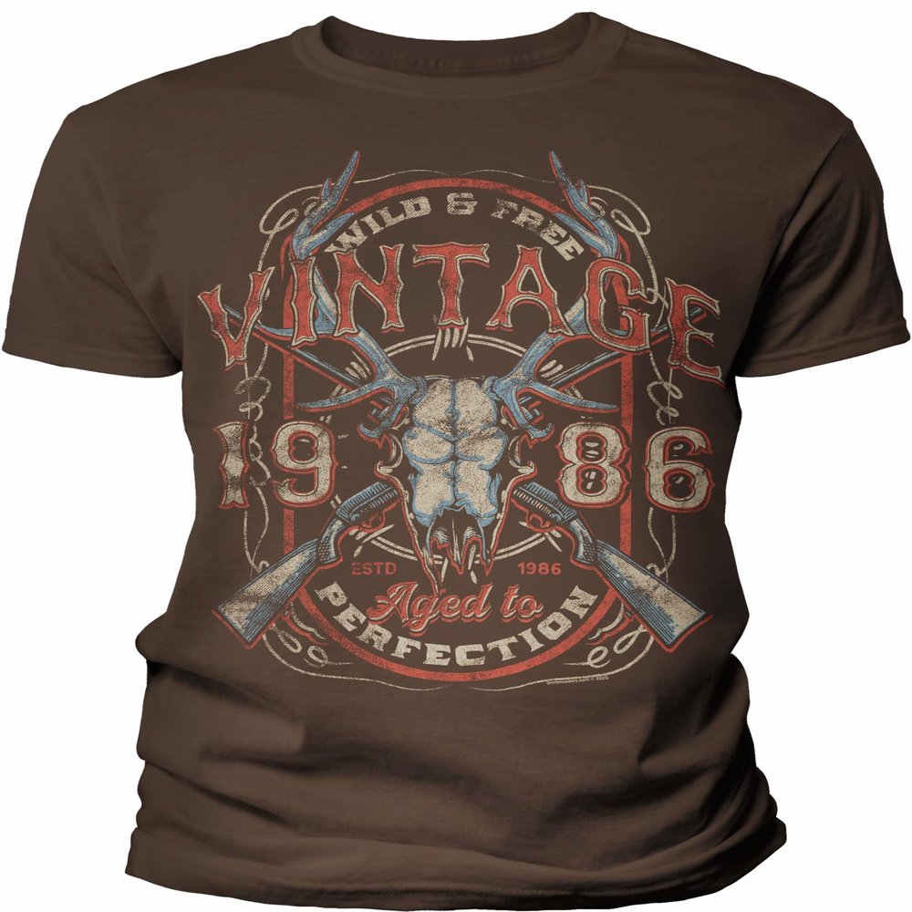 40th Birthday Gift Shirt for Men - Vintage Deer Skull 1986 Aged to Perfection - F/Brown-005-4X