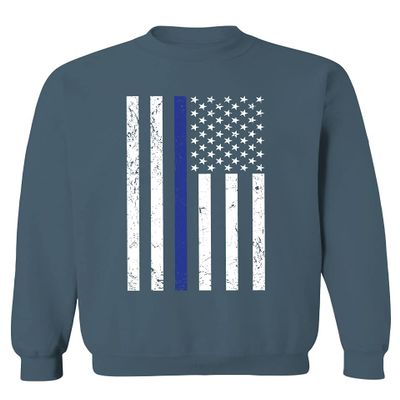0075. Big Flag USA American Police Support Blue Lives Matter Thin Line Patriotic Style Men's Crewneck Sweatshirt (Indigo Blue Small)