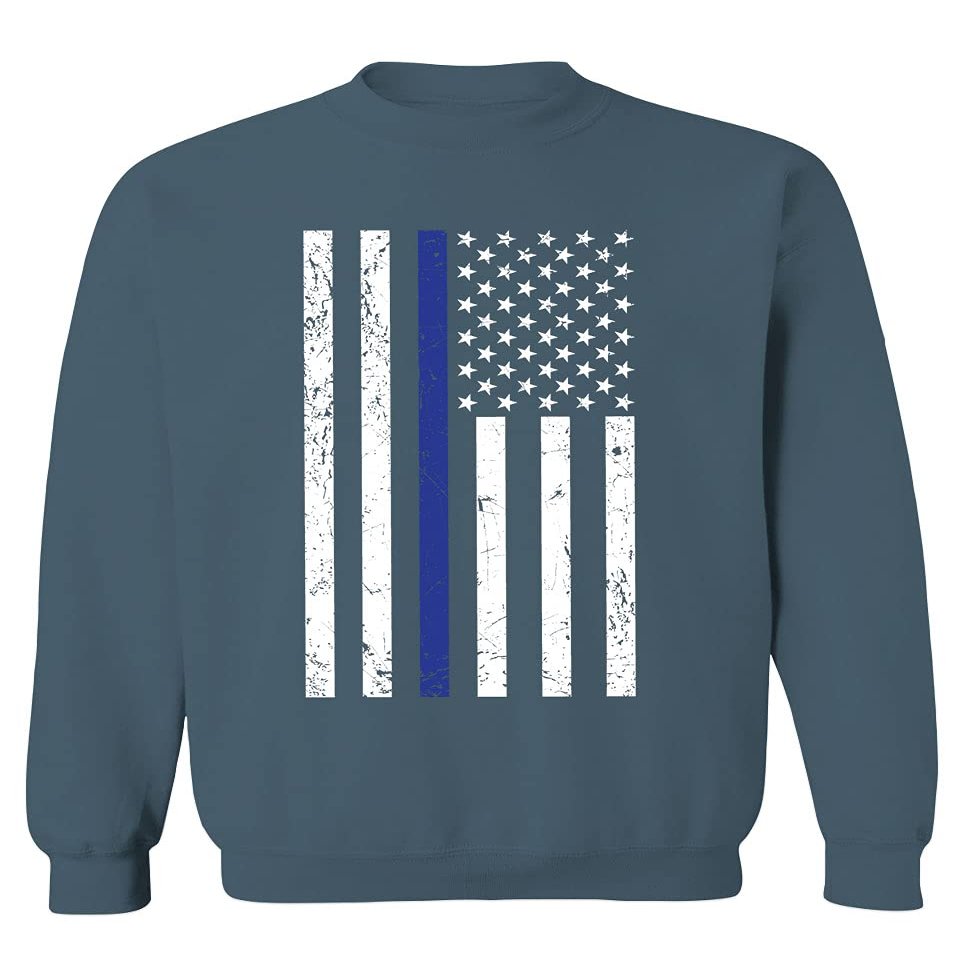 0075. Big Flag USA American Police Support Blue Lives Matter Thin Line Patriotic Style Men's Crewneck Sweatshirt (Indigo Blue Small)