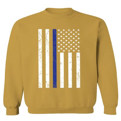 0075. Big Flag USA American Police Support Blue Lives Matter Thin Line Patriotic Style Men's Crewneck Sweatshirt (Gold Small)