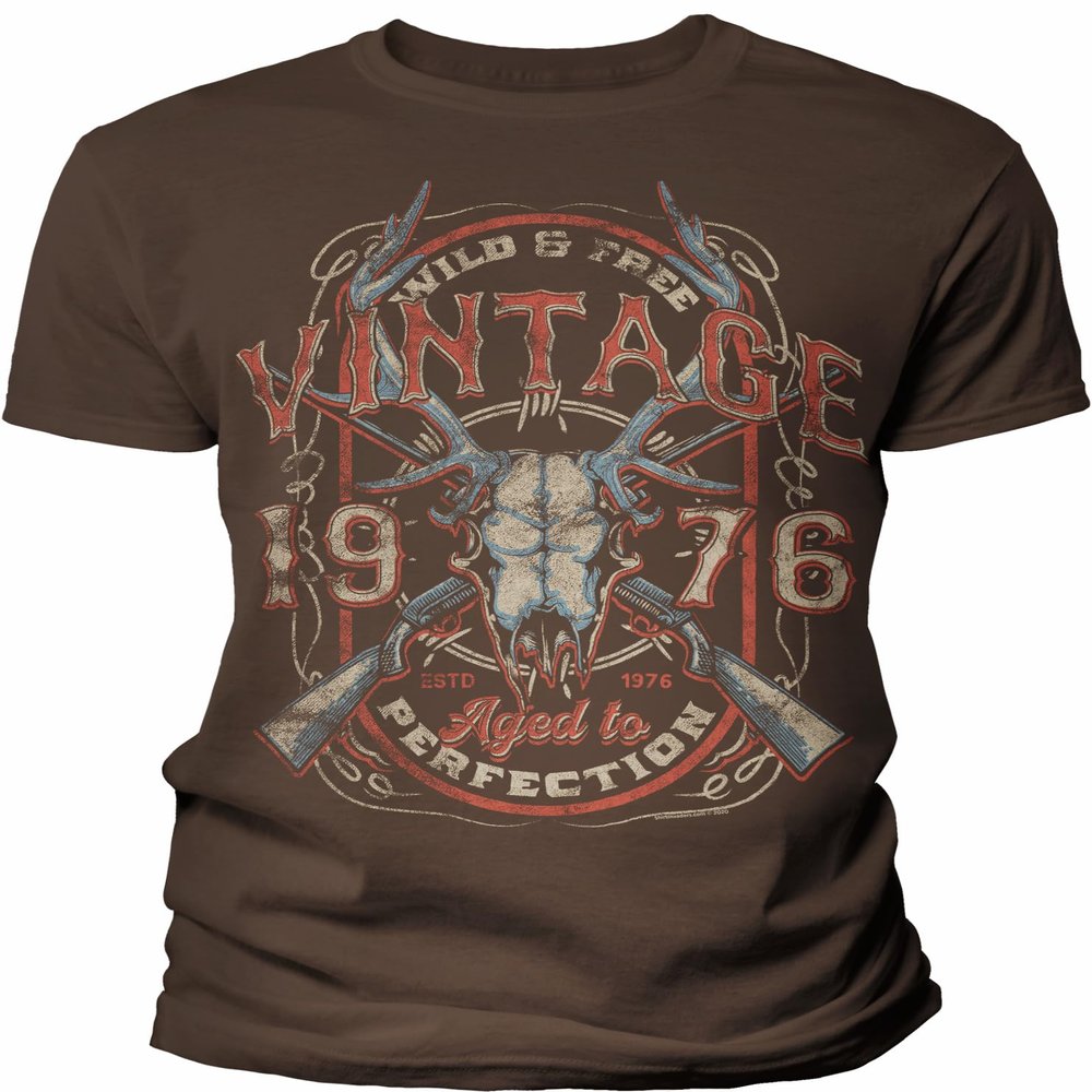 50th Birthday Gift Shirt for Men - Vintage Deer Skull 1976 Aged to Perfection - F/Brown-005-4X