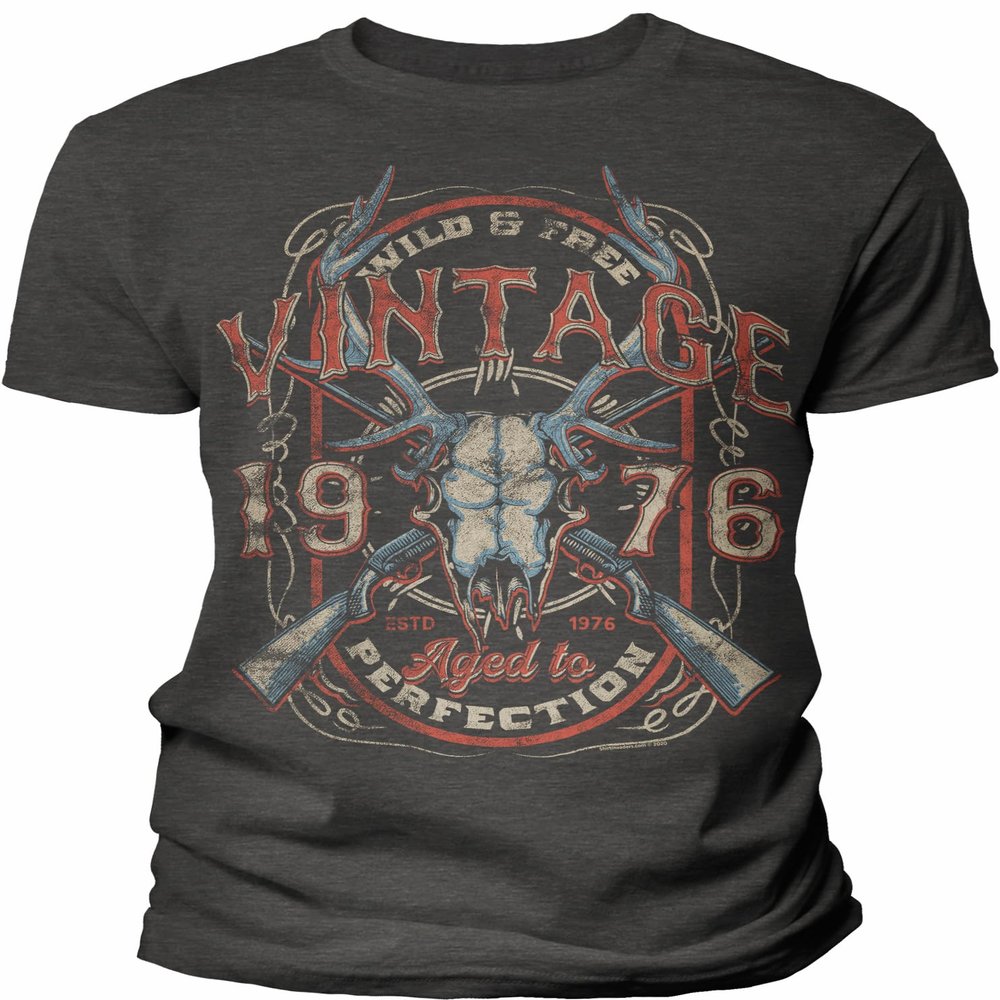50th Birthday Gift Shirt for Men - Vintage Deer Skull 1976 Aged to Perfection - F/Dk. Heather-002-4X