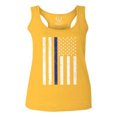0075. Big Flag USA American Police Support Blue Lives Matter Thin Line Patriotic Style Women's Tank Top Racerback (Gold X Small)