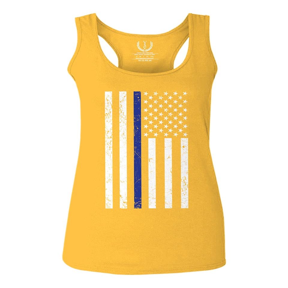 0075. Big Flag USA American Police Support Blue Lives Matter Thin Line Patriotic Style Women's Tank Top Racerback (Gold X Small)