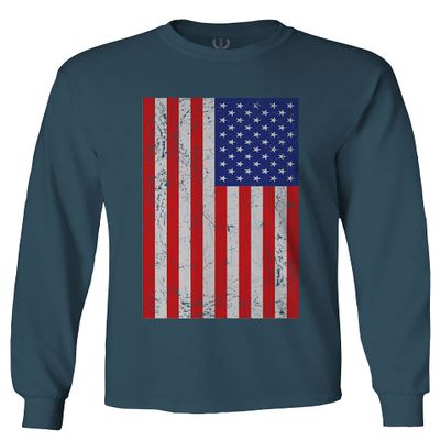 0073. Vintage u.s. American Flag United States of America USA Proud Patriotic Style Men's Long Sleeve t Shirt (Indigo Blue X-Large)