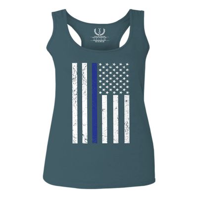 0075. Big Flag USA American Police Support Blue Lives Matter Thin Line Patriotic Style Women's Tank Top Racerback (Indigo Blue X Small)