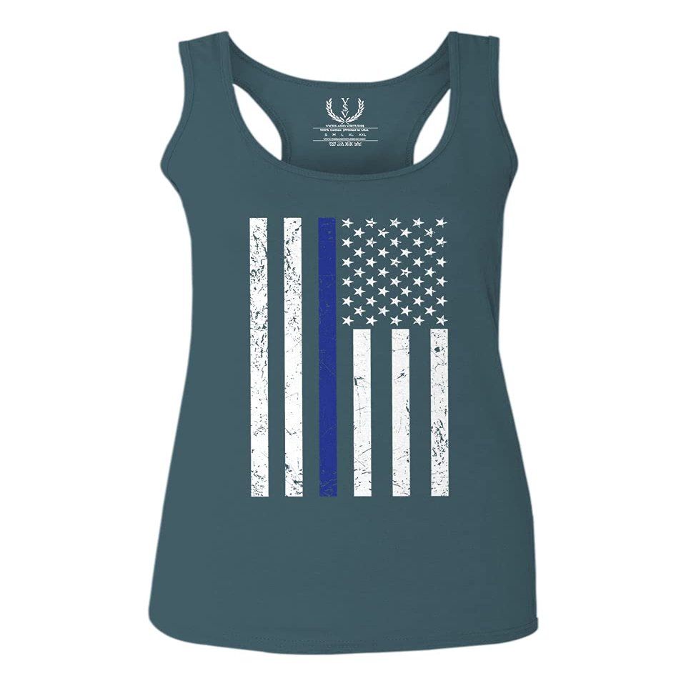 0075. Big Flag USA American Police Support Blue Lives Matter Thin Line Patriotic Style Women's Tank Top Racerback (Indigo Blue X Small)