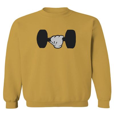0079. Workout weigthLifting Fitness Cartoon Glove Dumbells Gym Lifting Lift Graphic Men's Crewneck Sweatshirt (Gold Small)