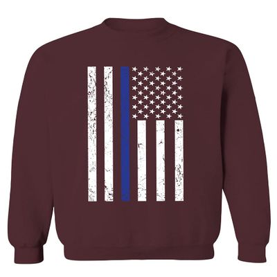 0075. Big Flag USA American Police Support Blue Lives Matter Thin Line Patriotic Style Men's Crewneck Sweatshirt (Maroon Large)