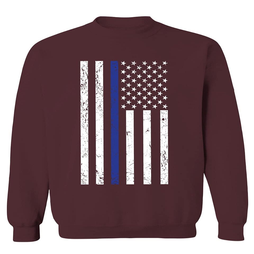 0075. Big Flag USA American Police Support Blue Lives Matter Thin Line Patriotic Style Men's Crewneck Sweatshirt (Maroon Large)