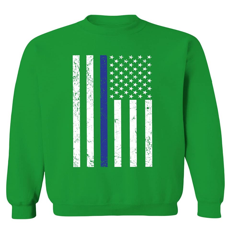 0075. Big Flag USA American Police Support Blue Lives Matter Thin Line Patriotic Style Men's Crewneck Sweatshirt (Irish Green X-Large)