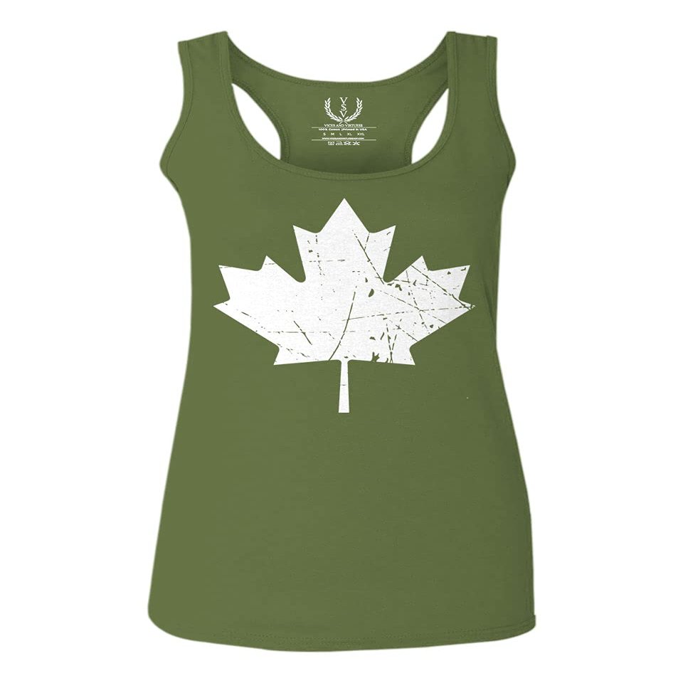 0086. Canada Flag Maple Leaf Canadian Pride Retro Vintage Style Women's Tank Top Racerback (Olive, X Small)