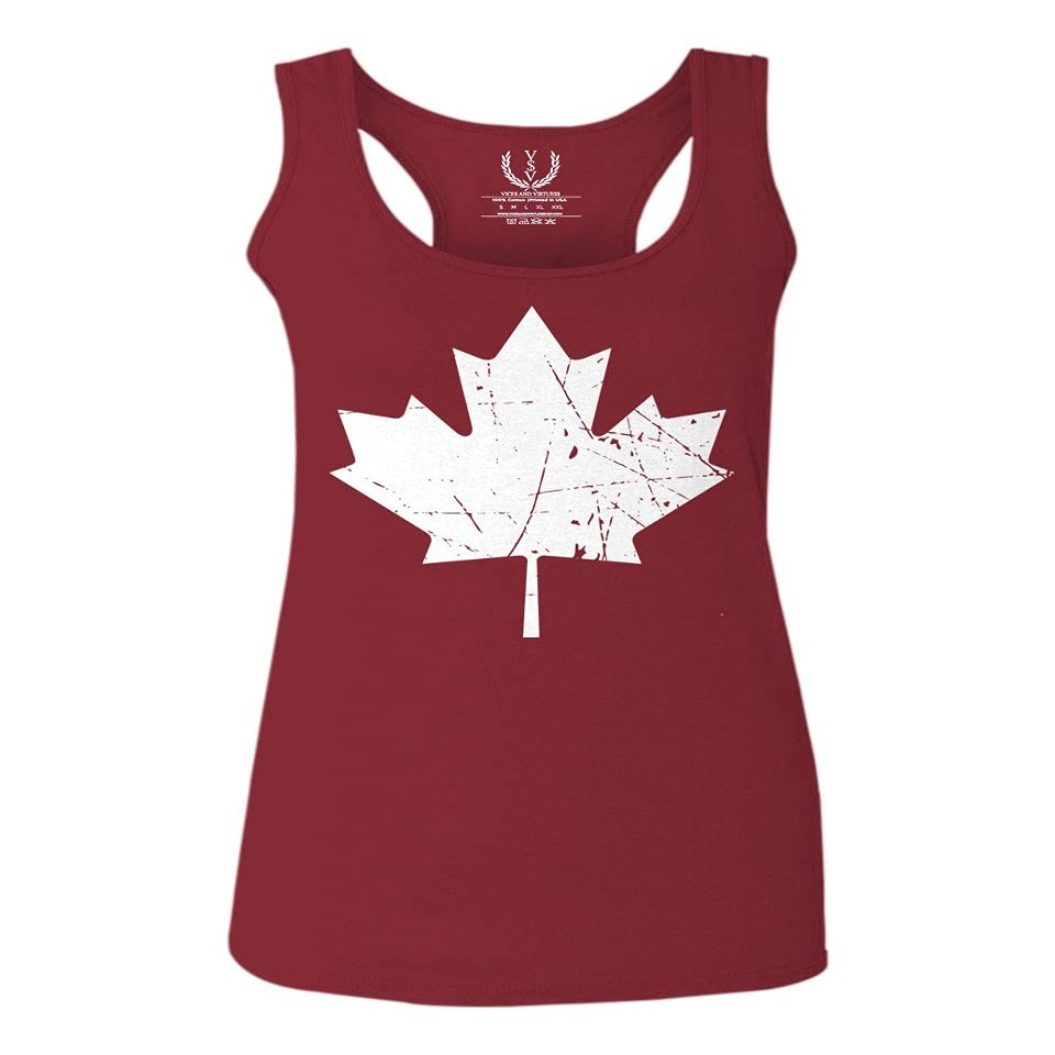 0086. Canada Flag Maple Leaf Canadian Pride Retro Vintage Style Women's Tank Top Racerback (Maroon, X Small)