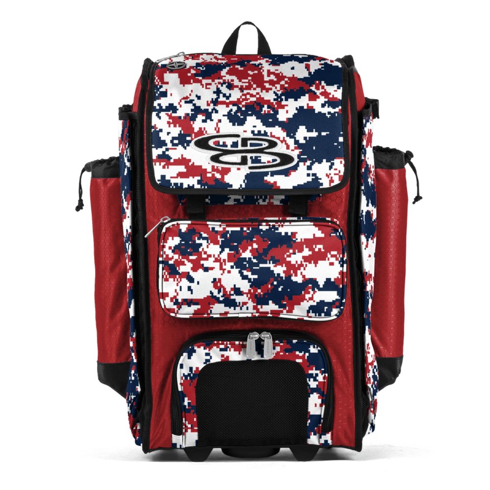 Boombah Rolling Catchers Superpack Baseball/Softball Gear Bag - 23-1/2" x 13-1/2" x 9-1/2" - Digital Camo Red/Navy - Telescopic Handle and Holds 4 Bats - Wheeled Version