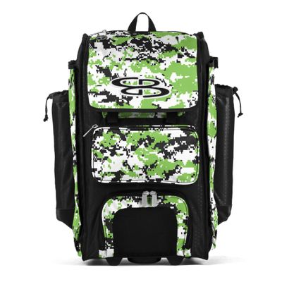 Boombah Rolling Catchers Superpack Baseball/Softball Gear Bag - 23-1/2" x 13-1/2" x 9-1/2" - Digital Camo Black/Lime Green - Telescopic Handle and Holds 4 Bats - Wheeled Version