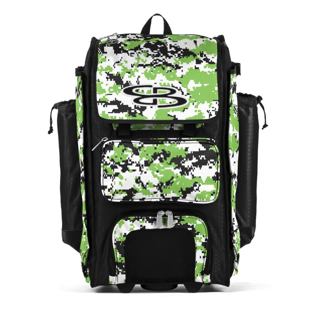 Boombah Rolling Catchers Superpack Baseball/Softball Gear Bag - 23-1/2" x 13-1/2" x 9-1/2" - Digital Camo Black/Lime Green - Telescopic Handle and Holds 4 Bats - Wheeled Version