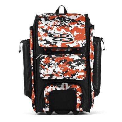 Boombah Rolling Catchers Superpack Baseball/Softball Gear Bag - 23-1/2" x 13-1/2" x 9-1/2" - Digital Camo Black/Orange - Telescopic Handle and Holds 4 Bats - Wheeled Version