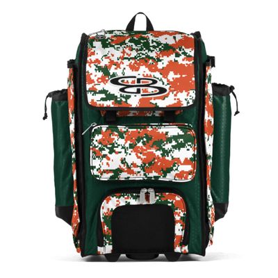 Boombah Rolling Catchers Superpack Baseball/Softball Gear Bag - 23-1/2" x 13-1/2" x 9-1/2" - Digital Camo Dark Green/Orange - Telescopic Handle and Holds 4 Bats - Wheeled Version