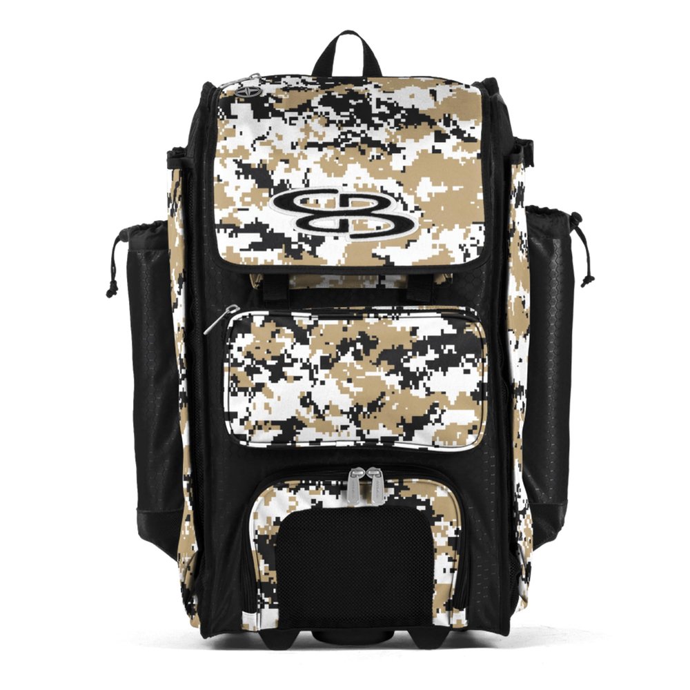 Boombah Rolling Catchers Superpack Baseball/Softball Gear Bag - 23-1/2" x 13-1/2" x 9-1/2" - Digital Camo Black/Vegas Gold - Telescopic Handle and Holds 4 Bats - Wheeled Version