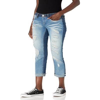 Women's Two Tone Denim Cuffed Jeans with Heavy Destruction