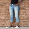 Women's Two Tone Denim Cuffed Jeans with Heavy Destruction view 3