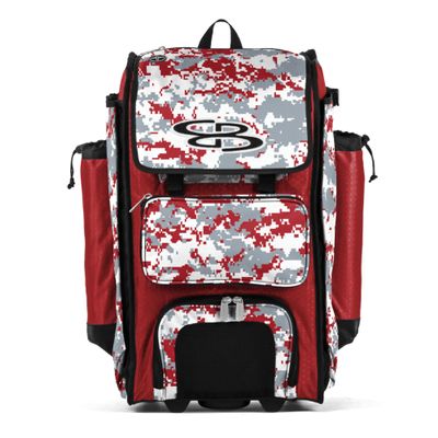 Boombah Rolling Catchers Superpack Baseball/Softball Gear Bag - 23-1/2" x 13-1/2" x 9-1/2" - Digital Camo Red/Gray - Telescopic Handle and Holds 4 Bats - Wheeled Version