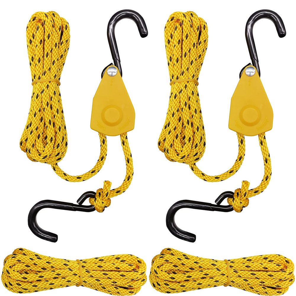 FishYuan 1/4" Kayak and Canoe Ratchet Tie Down, Rope Hoist Pulley Hoist, with 10' Solid Braided Polypropylene Rope, 150lb Weight Capacity