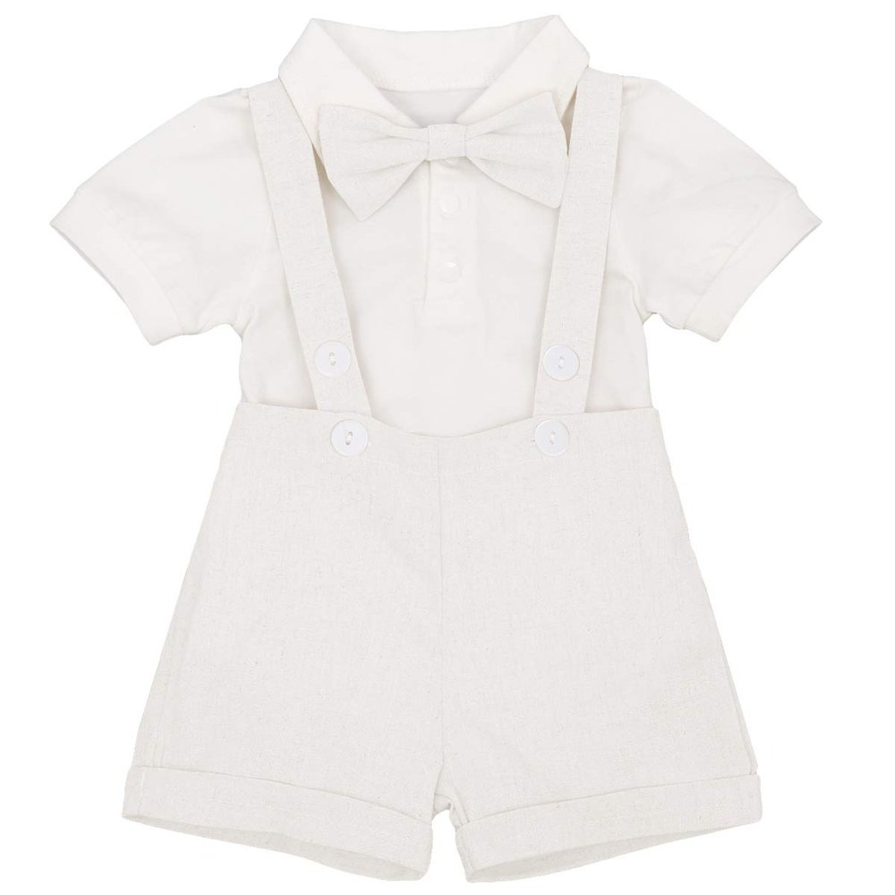 Baby Boys Gentleman Outfits Bowtie Romper Suspender Shorts Wedding Christening Tuxedos Formal Suit White 12-18 Months