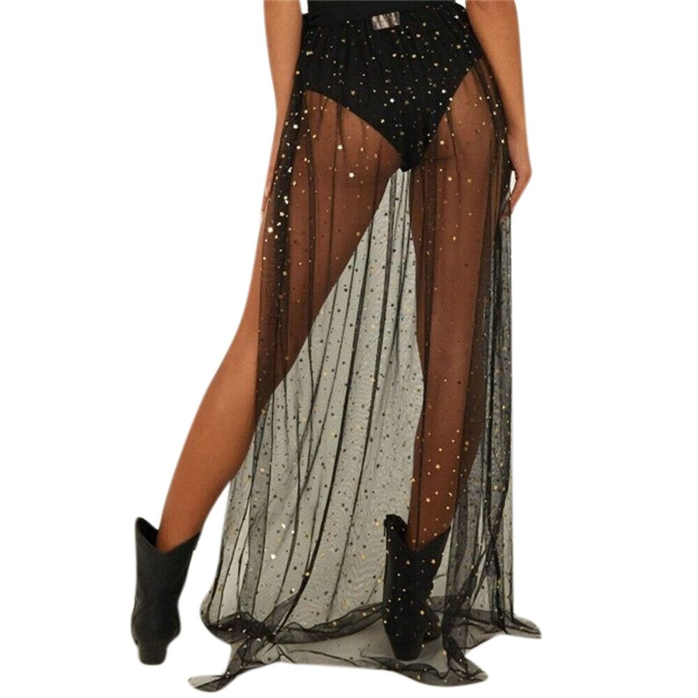 AIBEARTY Women Elastic Waist Mesh Sheer Long Side Slit Maxi Skirts Summer Beach Cover Up