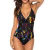 BAIKUTOUAN Blue Neon Paint Splatter Women's Halter Swimwear V Neck One-Piece Bikini Swimsuit Lace Up Monokini view 1