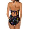 BAIKUTOUAN Blue Neon Paint Splatter Women's Halter Swimwear V Neck One-Piece Bikini Swimsuit Lace Up Monokini view 4