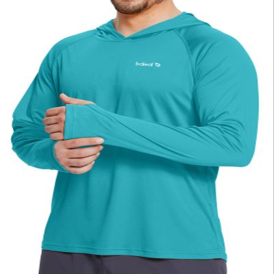 baleaf Men's Sun Protection Hoodie Shirt UPF 50+ Long Sleeve UV SPF T-Shirts Rash Guard Fishing Swimming Lightweight Blue Curacao XXXL