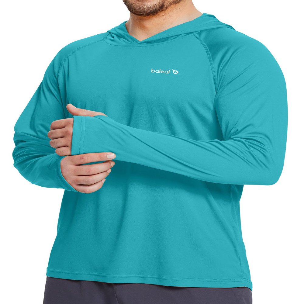 baleaf Men's Sun Protection Hoodie Shirt UPF 50+ Long Sleeve UV SPF T-Shirts Rash Guard Fishing Swimming Lightweight Blue Curacao XXXL