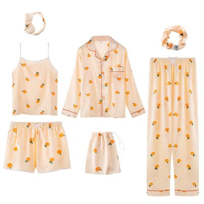 ANUFER Womens 7PCS Satin Pajama Set Spring Summer Autumn Tops & Pants Shorts Sleepwear Orange SN07655 L